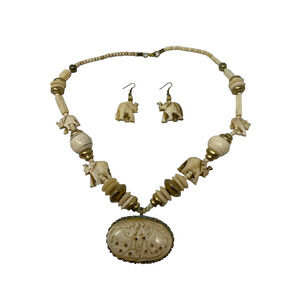 Carved Elephant Pendant Vintage Bovine Bone Bead Necklaces Lot, Used